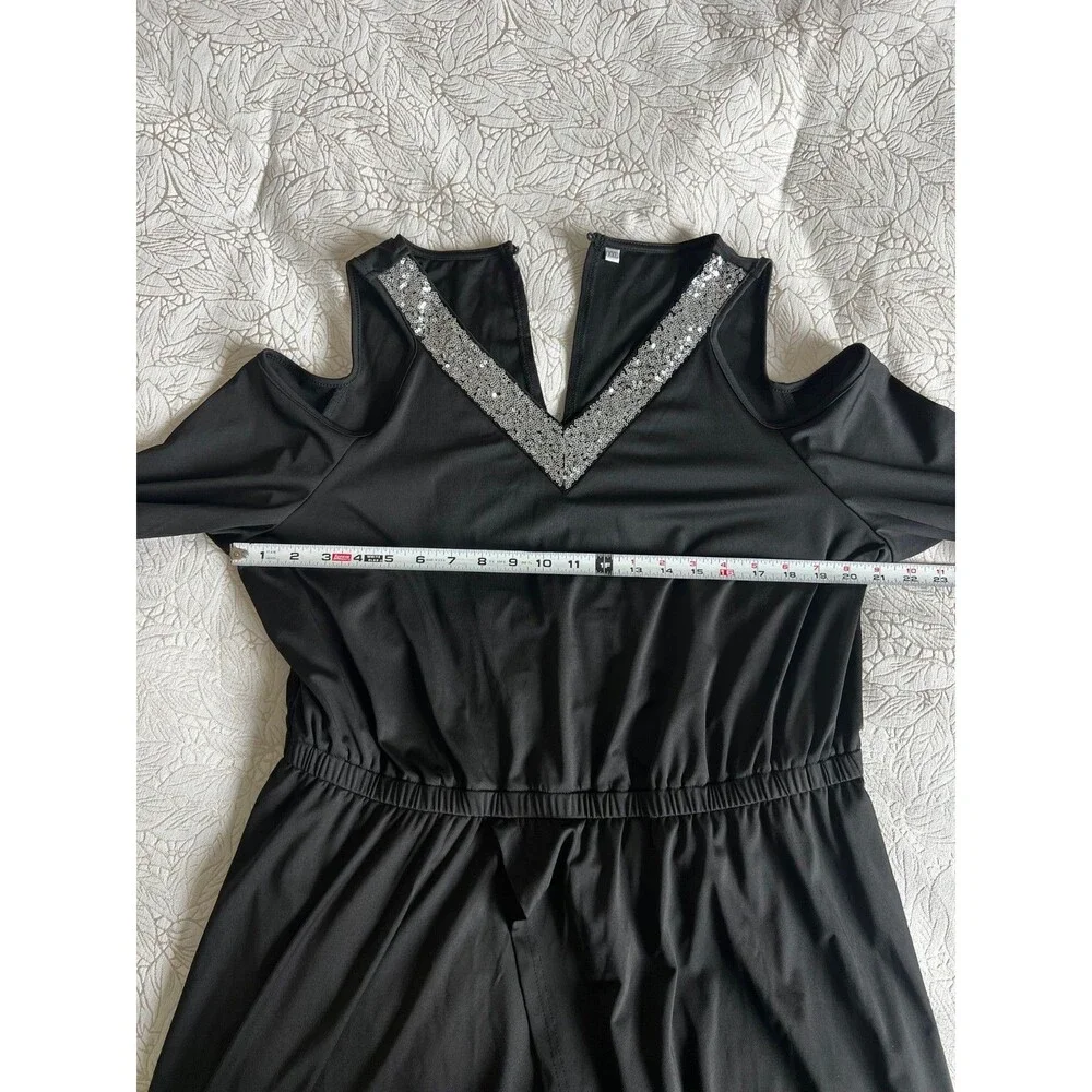Black Cold Shoulder Bell Sleeve Wide Leg Jumpsuit with Sequin Neckline NEW